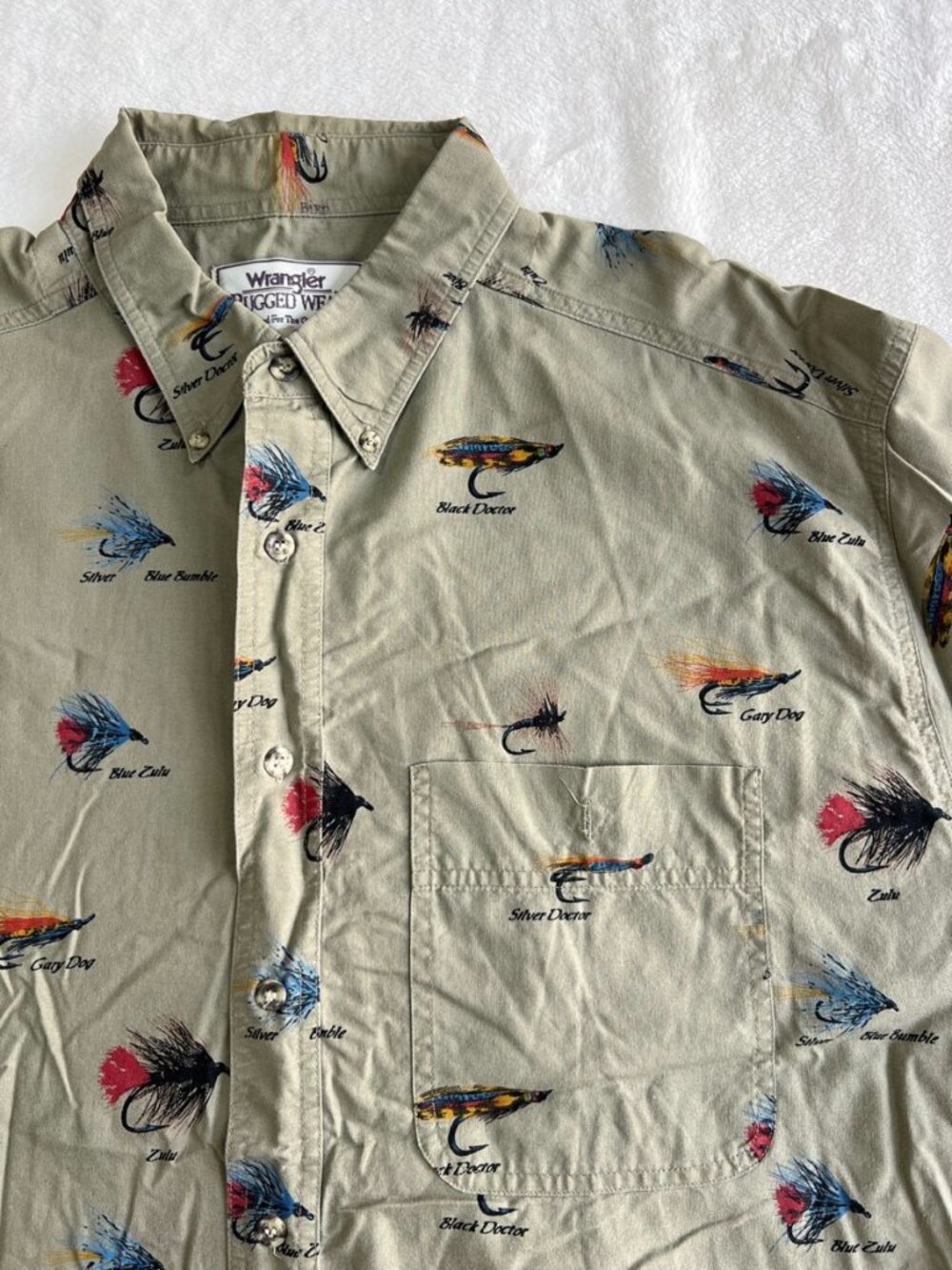 Vintage 90s Wrangler Rugged Wear Fly Fishing Lure Print Shirt Sage Green L